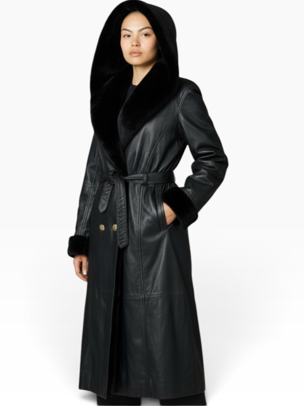 Otello Pelle Black Leather Faux Fur Penny Lane Maxi Trench Coat 90’s Vintage L